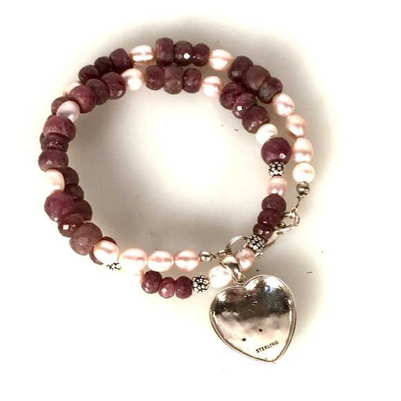 Genuine Ruby Gemstone Pearl Heart 925 Victorian Sterling Silver Necklace Pendant - Picture 8 of 10